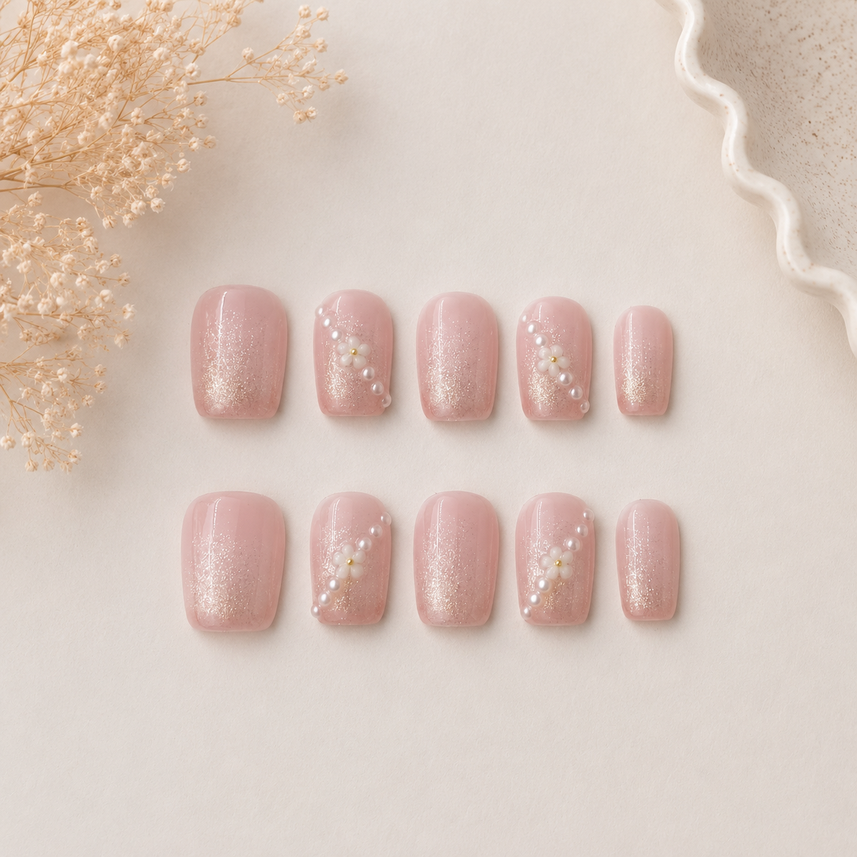 Blush Pearl Bloom Press On Nails