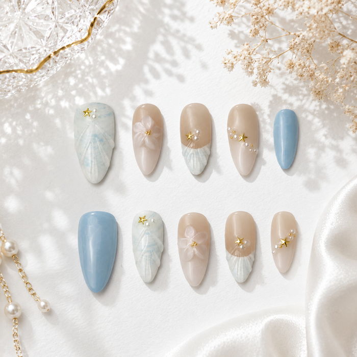 Ocean Pearl Blossom Almond Press On Nails