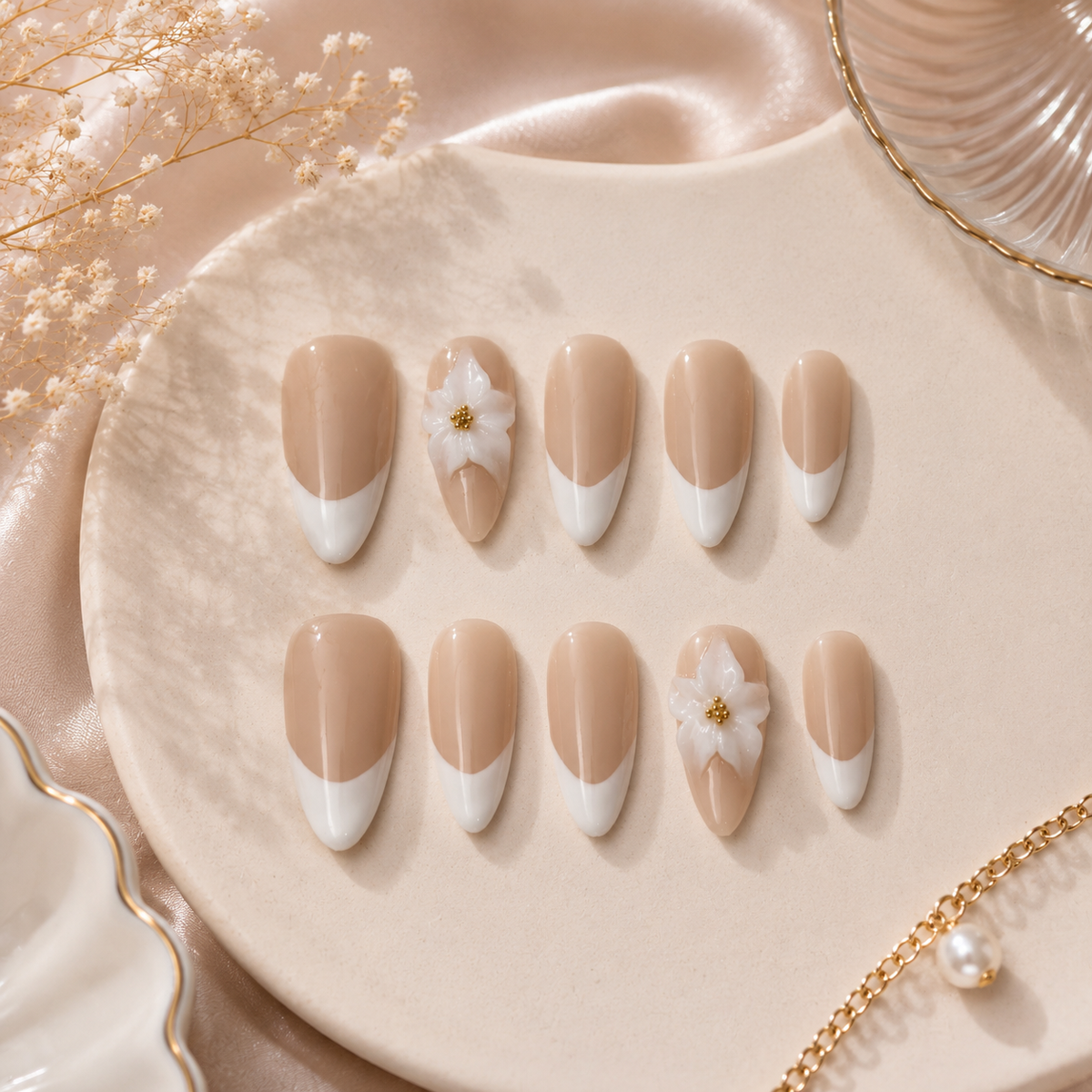 Ivory Blossom Long Almond Press On Nails
