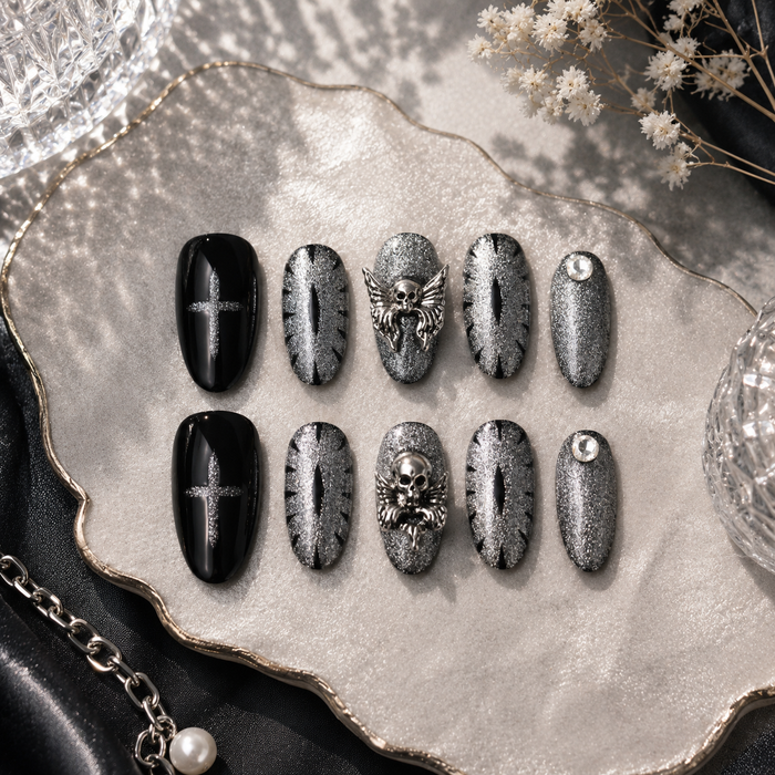 Shadow Requiem Black Chrome Oval Press On Nails
