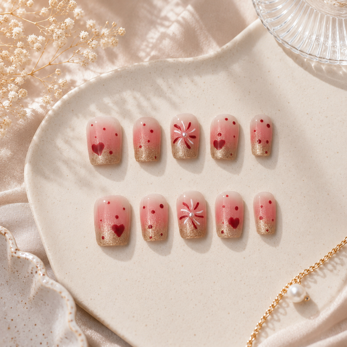 Cherry Blush Glitter Coffin Press On Nails