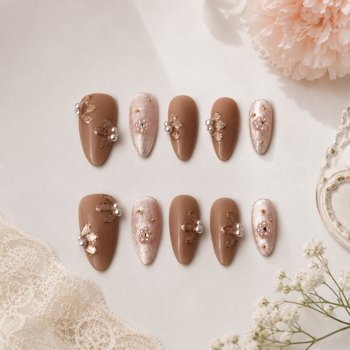 Golden Pearl Bloom Almond Press On Nails