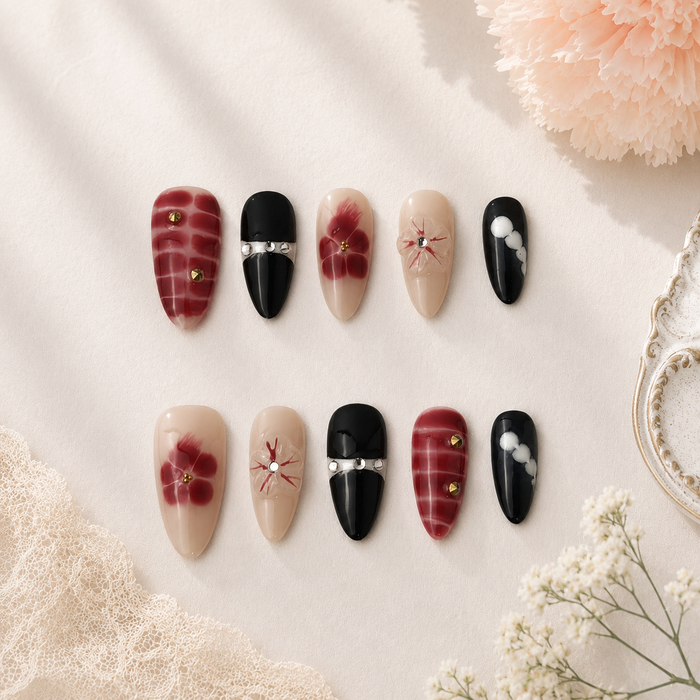Crimson Bloom Long Almond Press On Nails