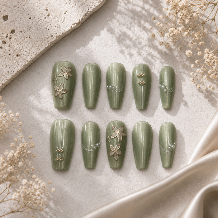 Sage Blossom Pearl Coffin Press On Nails