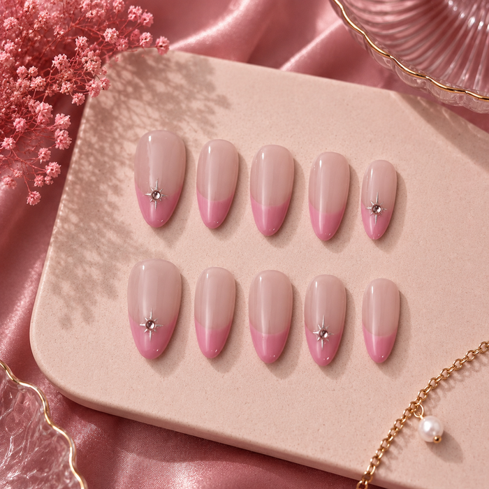 Pink Star French Almond Press On Nails