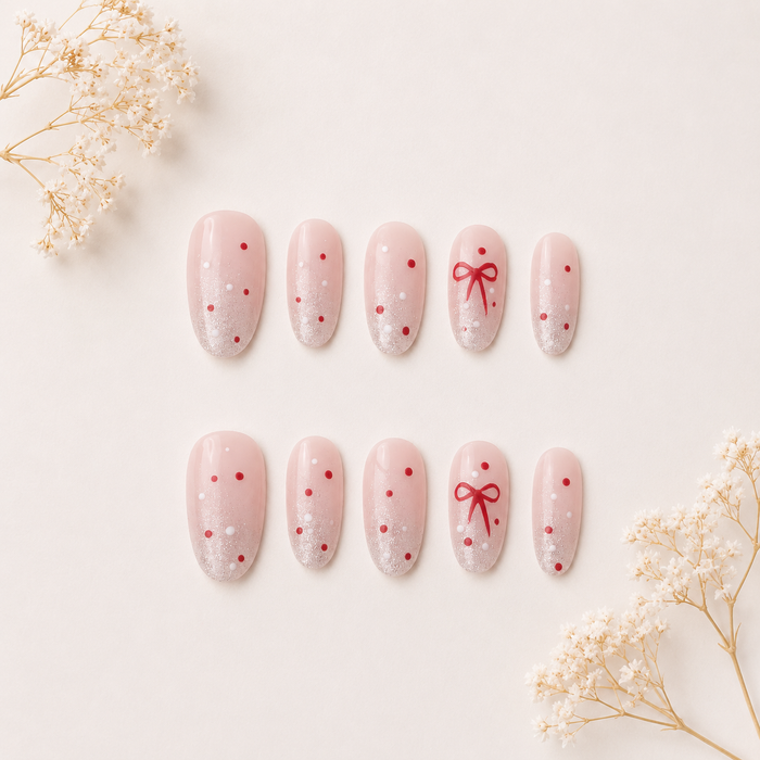 Cherry Ribbon Oval Press On Nails