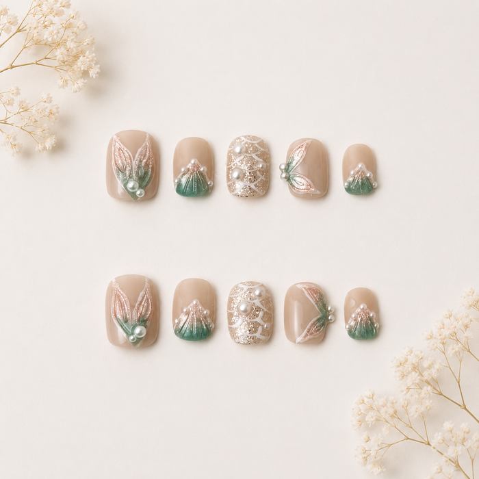 Pearl Sage Blossom Coffin Press On Nails