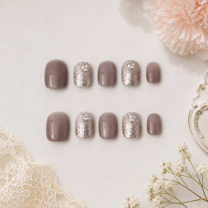 Champagne Cat Eye Glitter Squoval Press On Nails