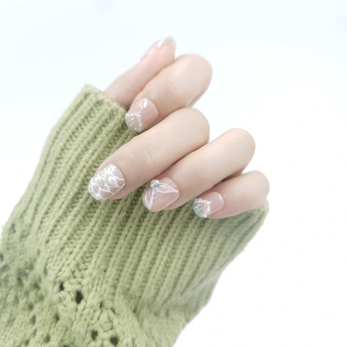 Pearl Sage Blossom Coffin Press On Nails