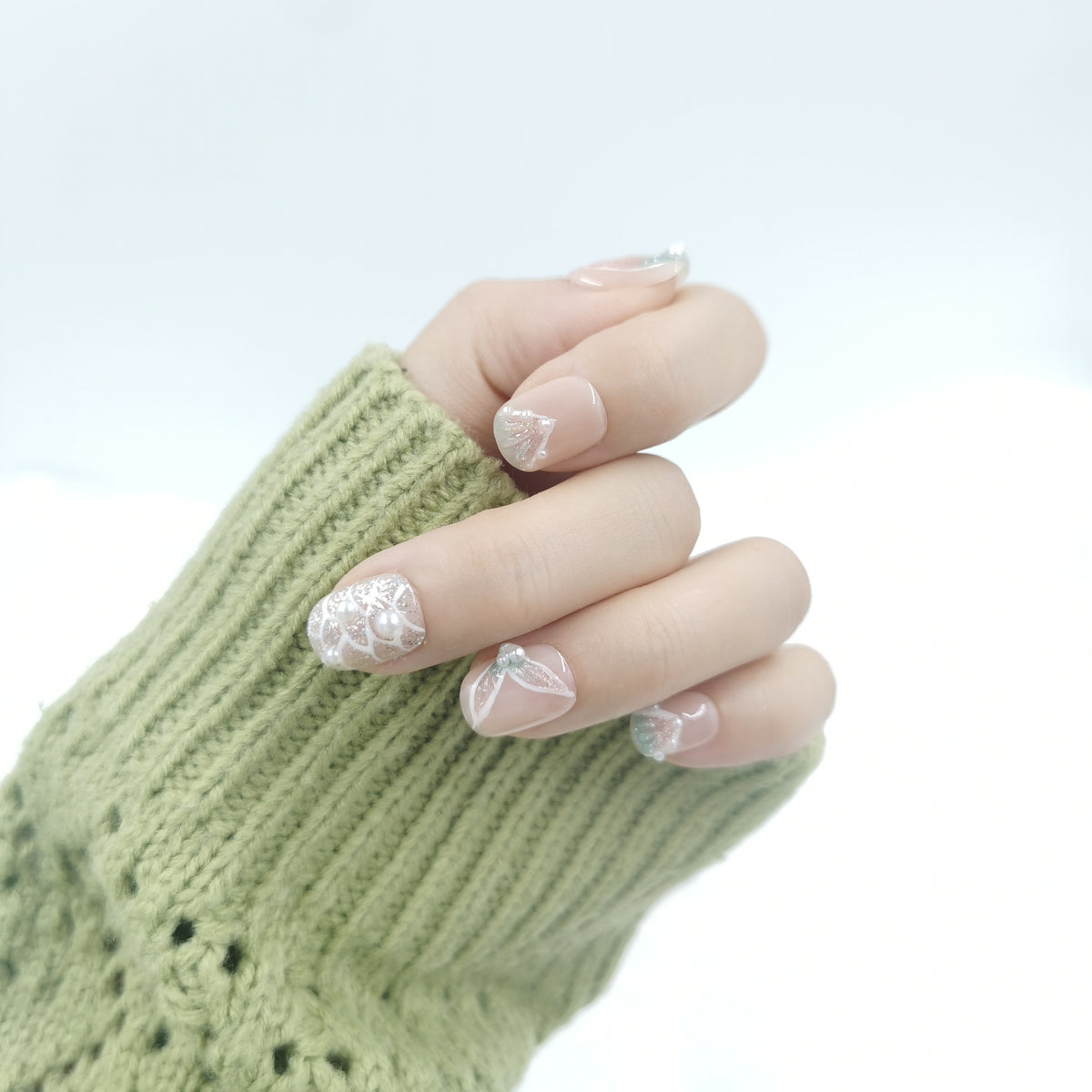 Pearl Sage Blossom Coffin Press On Nails