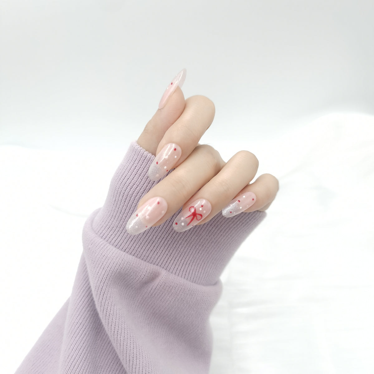 Cherry Ribbon Oval Press On Nails