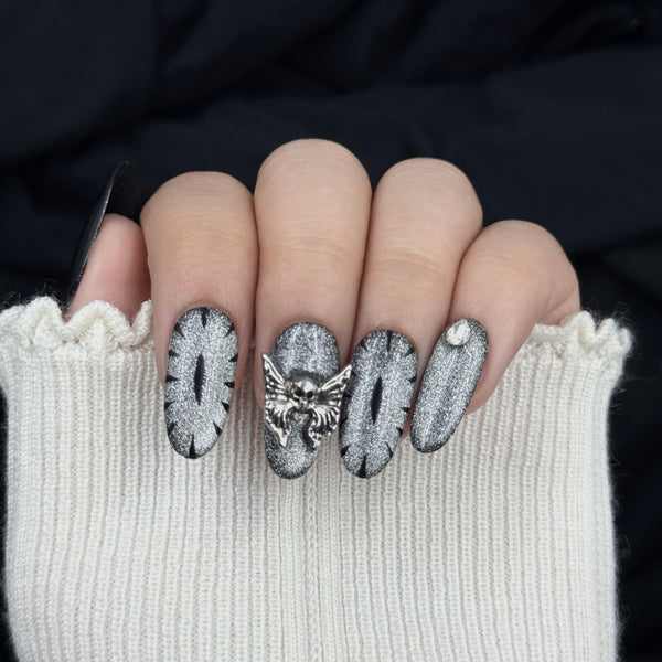Shadow Requiem Black Chrome Oval Press On Nails
