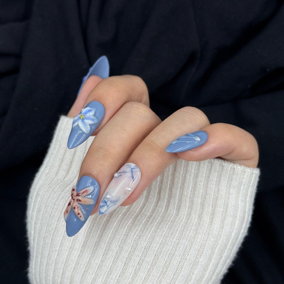 Bluebell Whisper Floral Almond Press On Nails