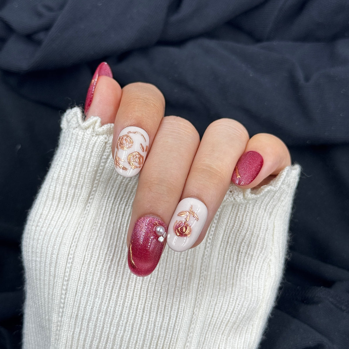 Rose Velvet Pearl Oval Press On Nails