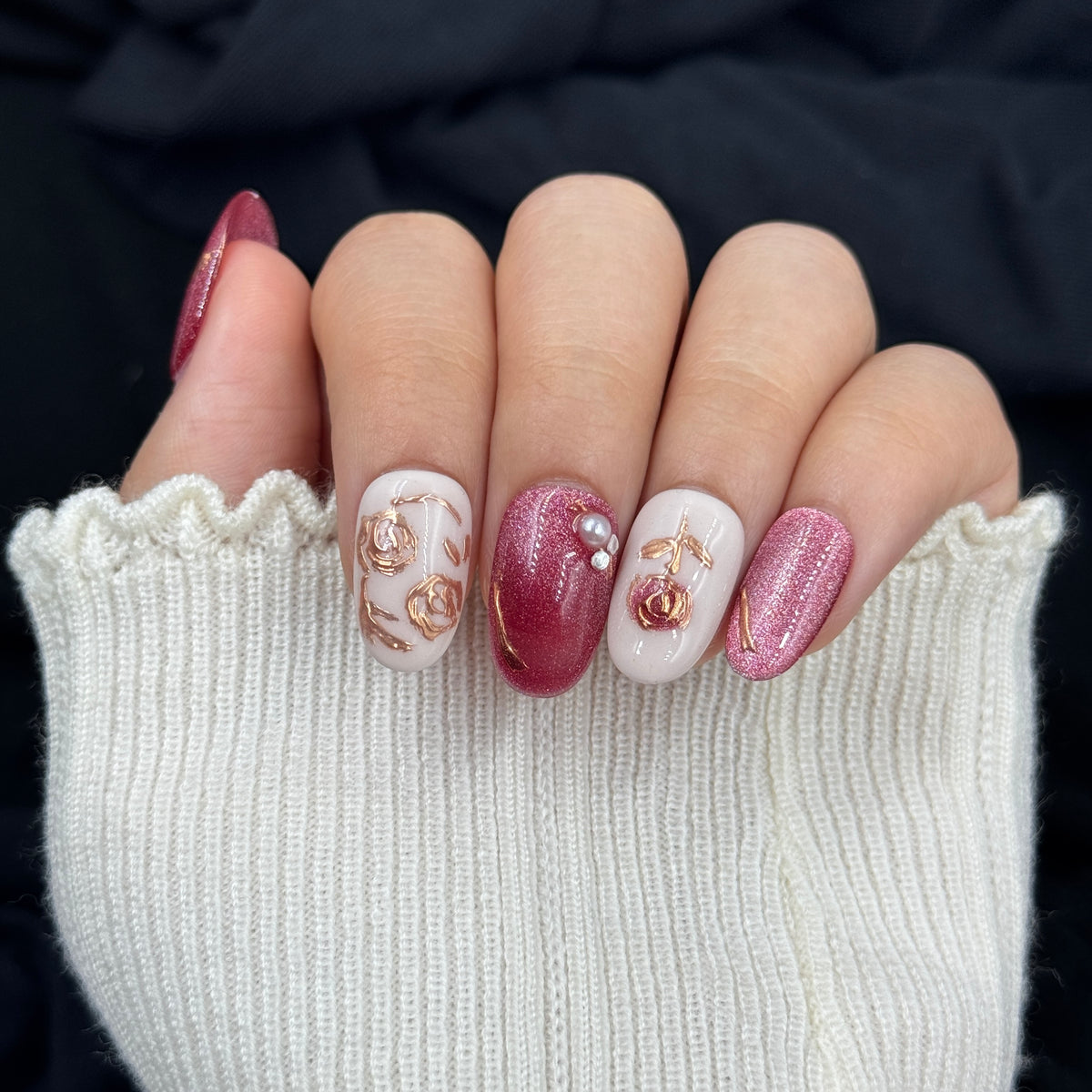 Rose Velvet Pearl Oval Press On Nails