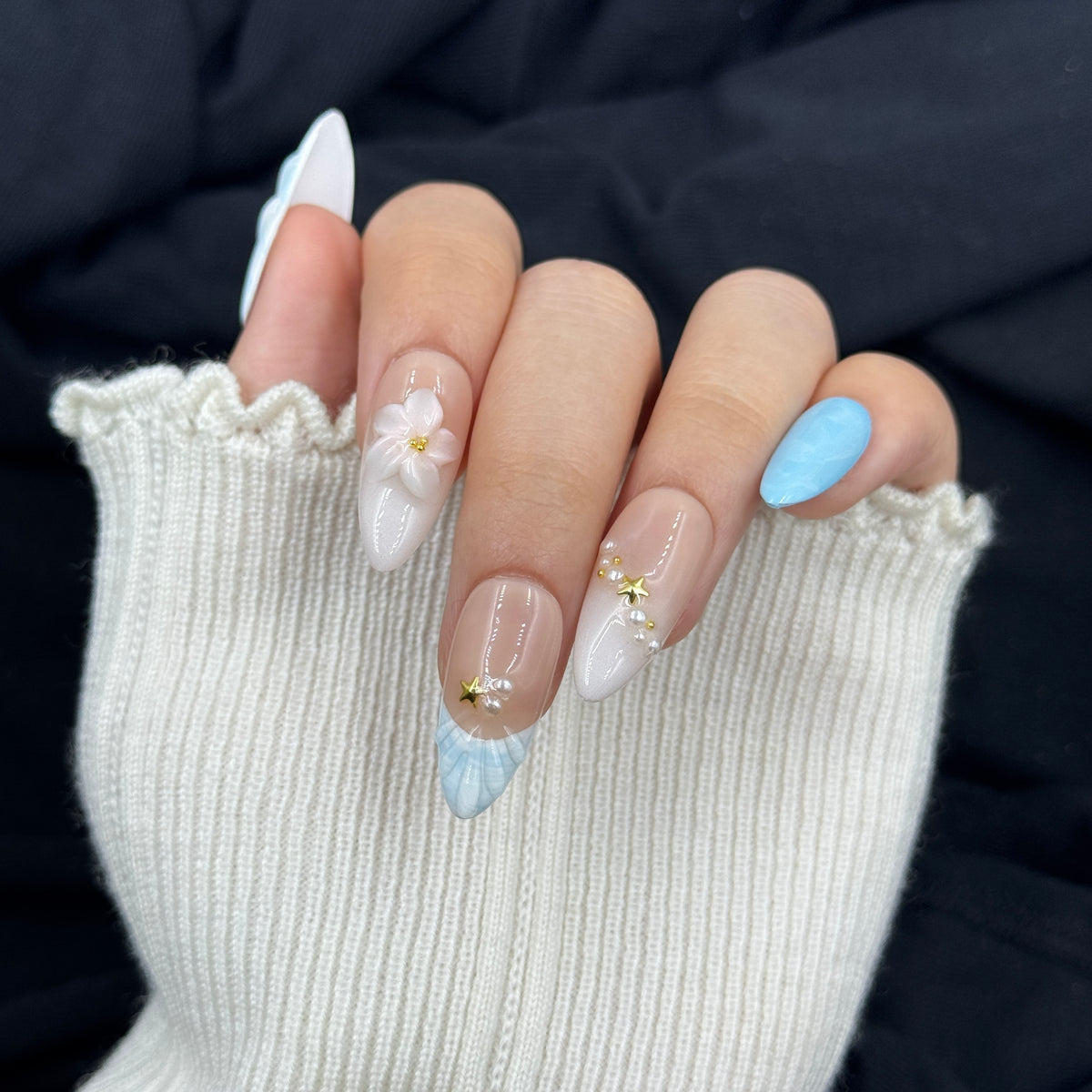 Ocean Pearl Blossom Almond Press On Nails