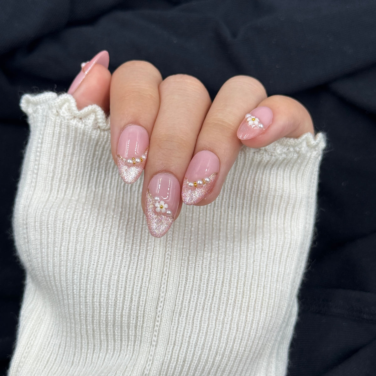 Blush Petal Pearl Almond Press On Nails