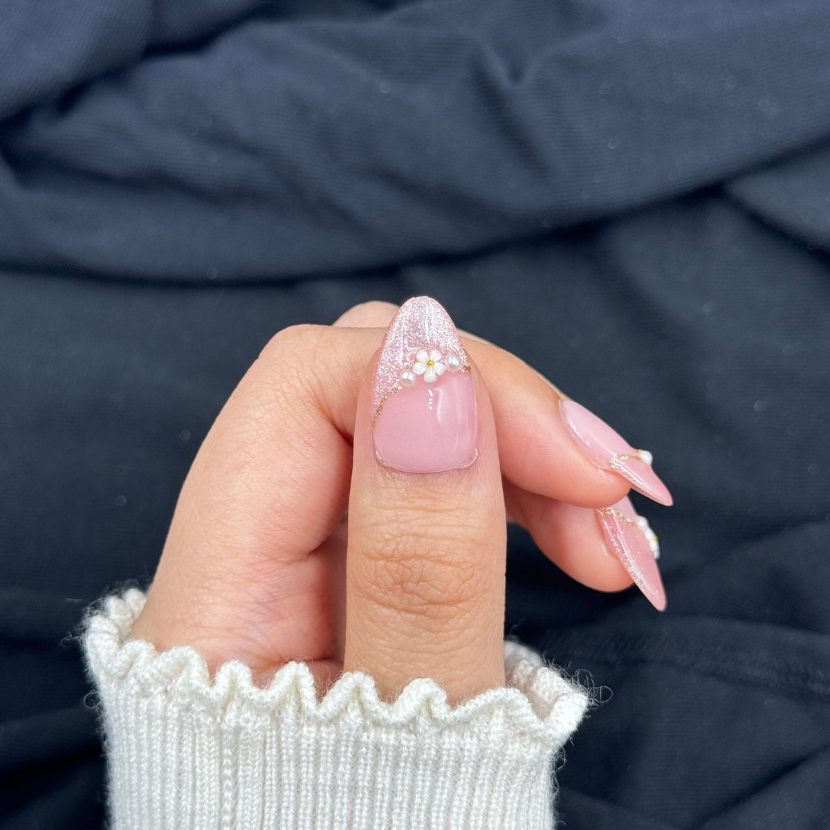 Blush Petal Pearl Almond Press On Nails