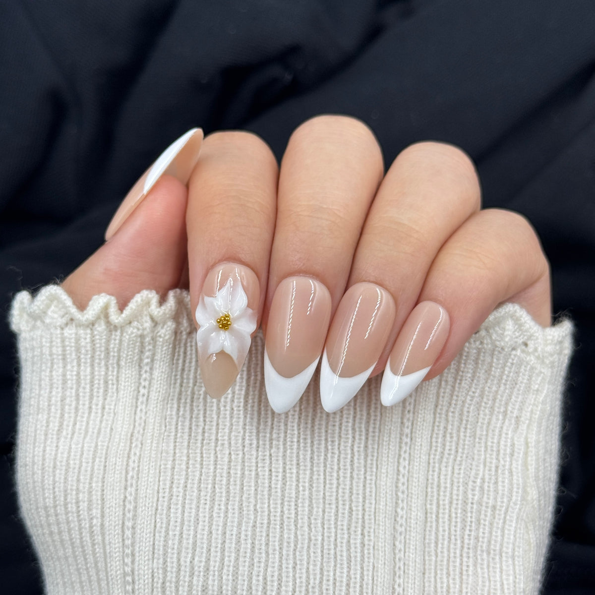 Ivory Blossom Long Almond Press On Nails