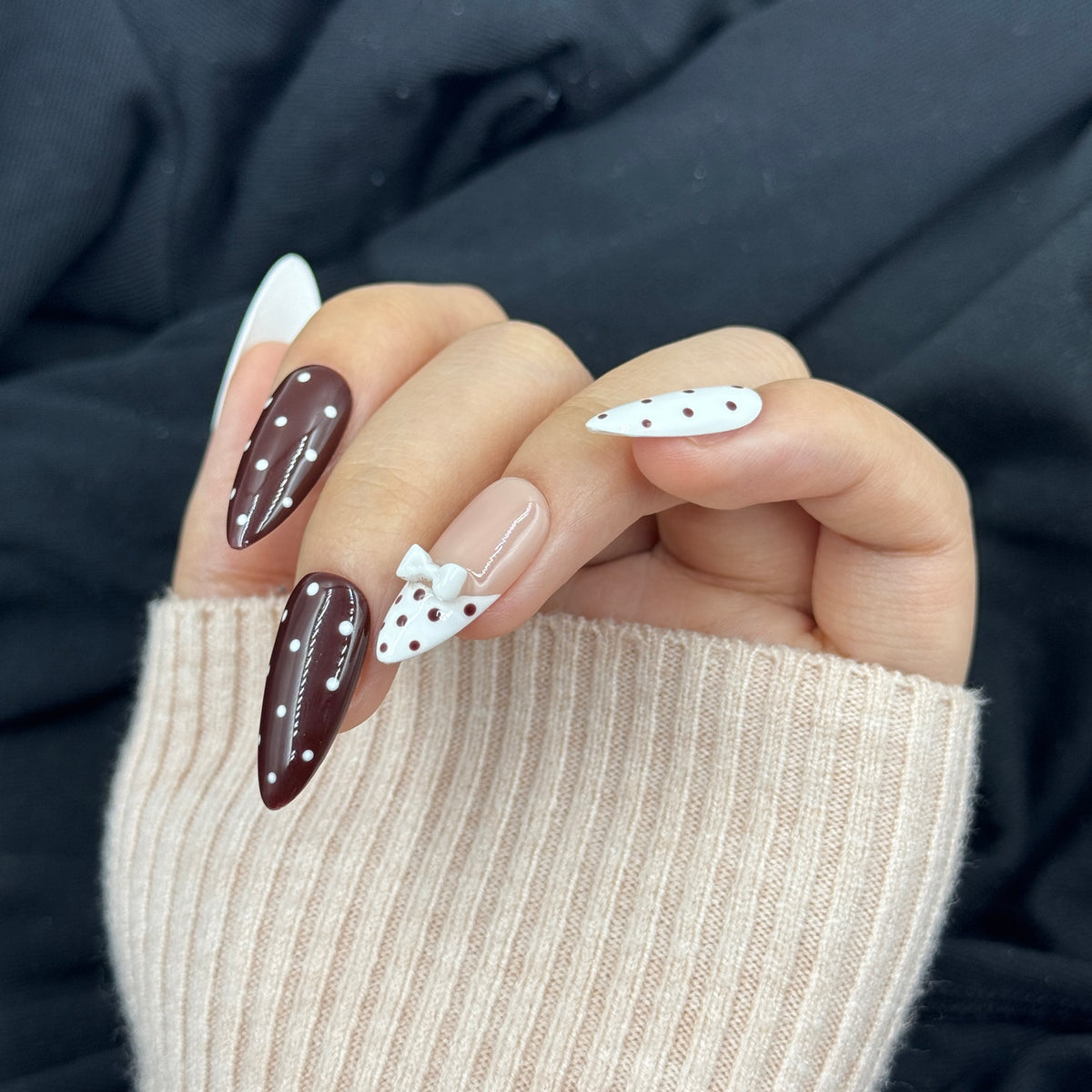 Mocha Polka Dot Almond Press On Nails