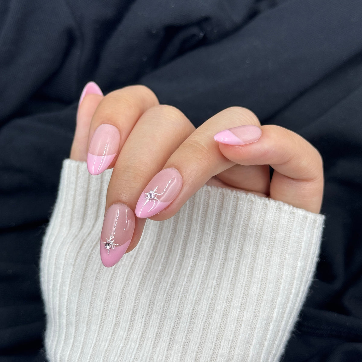 Pink Star French Almond Press On Nails