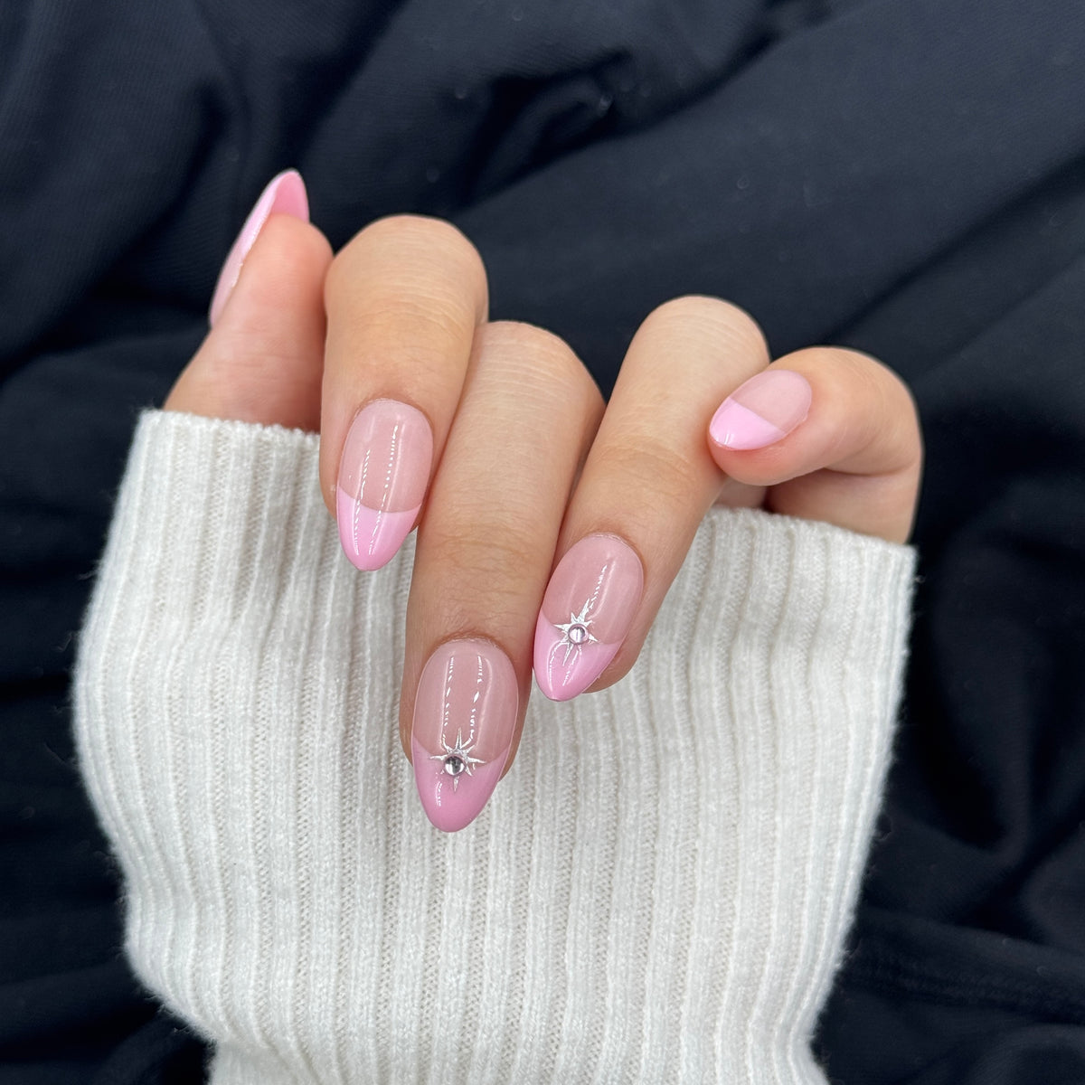 Pink Star French Almond Press On Nails