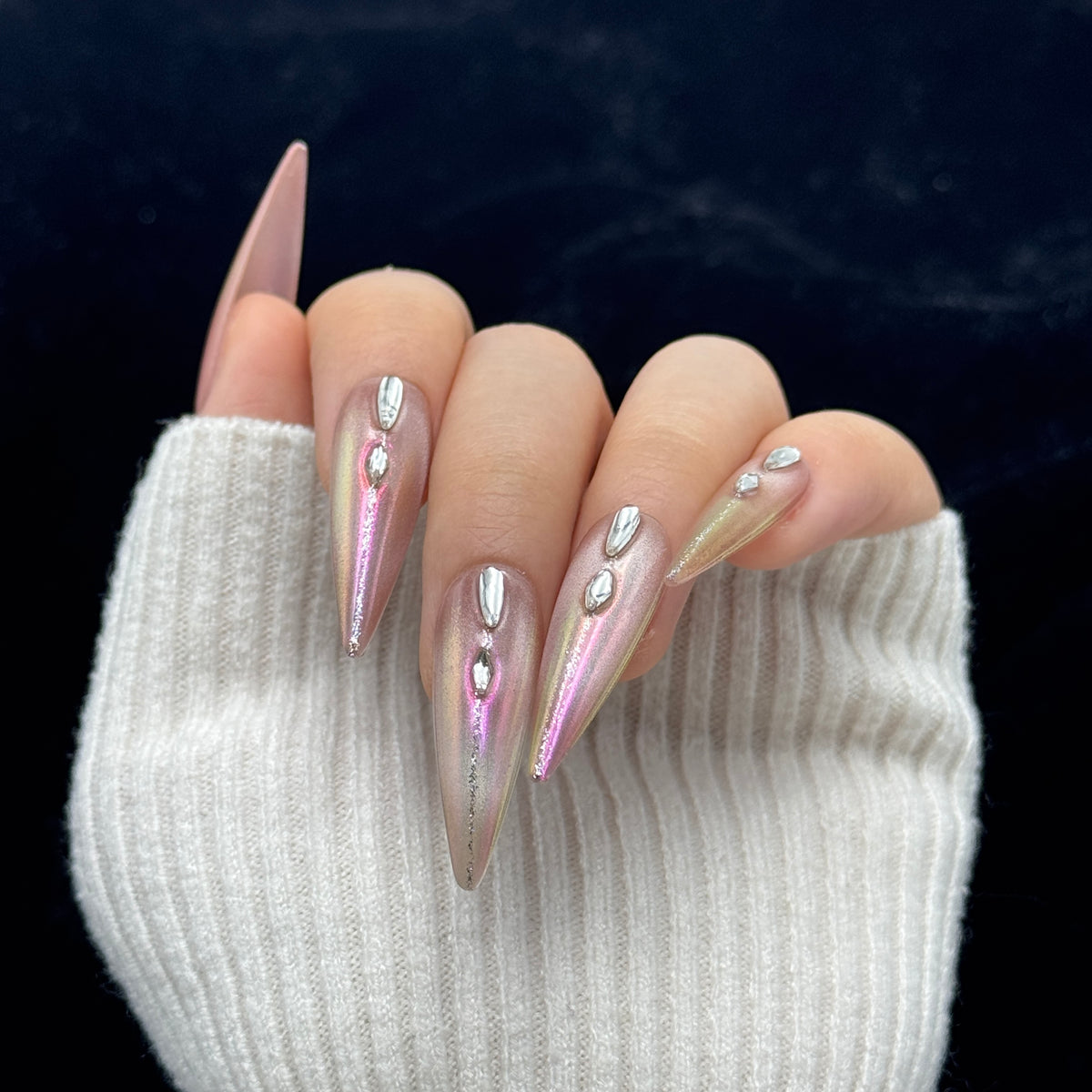 Rose Quartz Chrome Stiletto Press On Nails