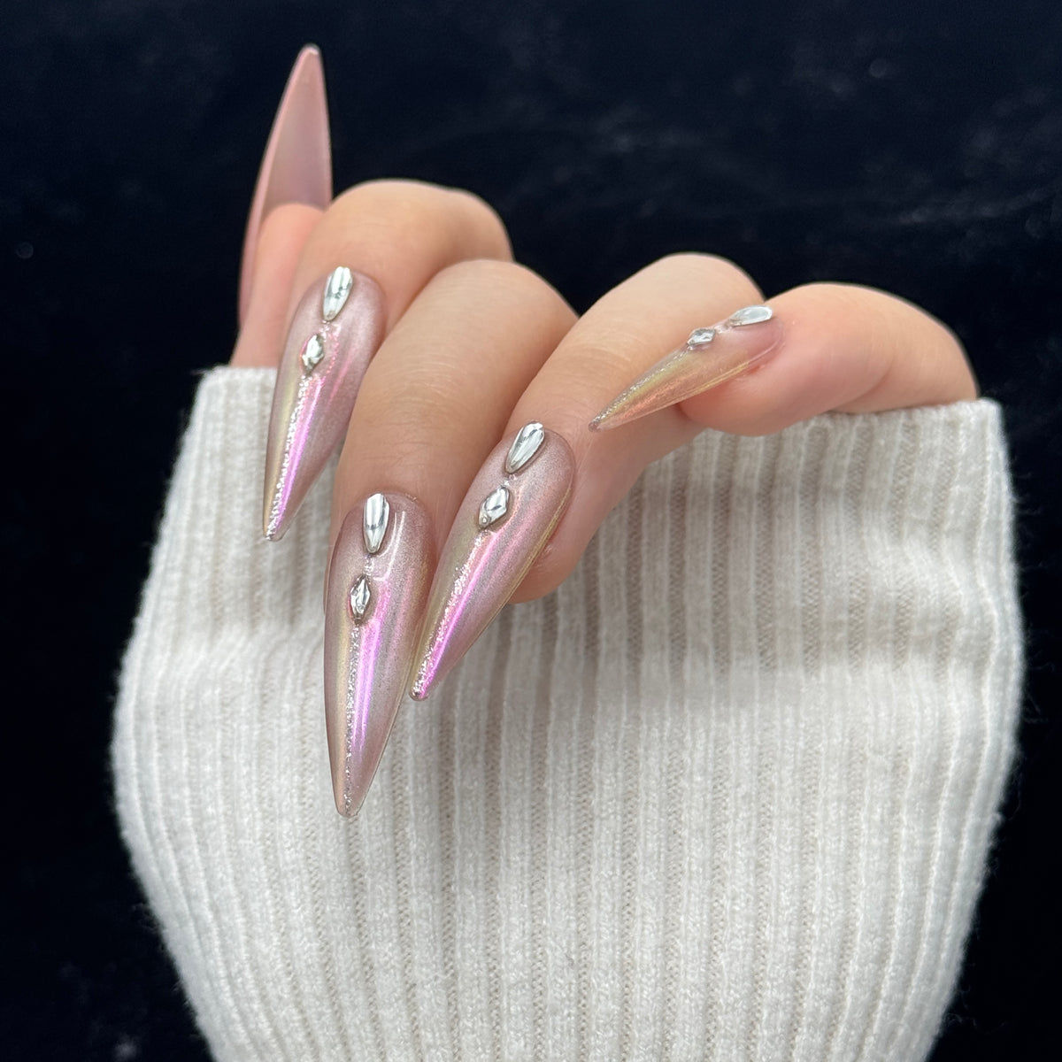Rose Quartz Chrome Stiletto Press On Nails