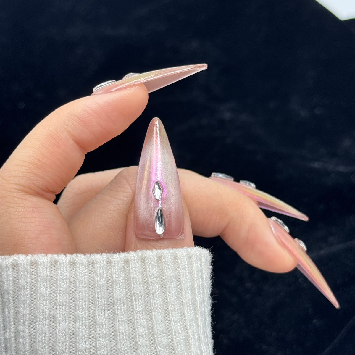 Rose Quartz Chrome Stiletto Press On Nails