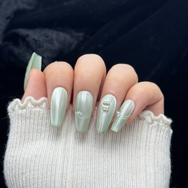Sage Blossom Pearl Coffin Press On Nails