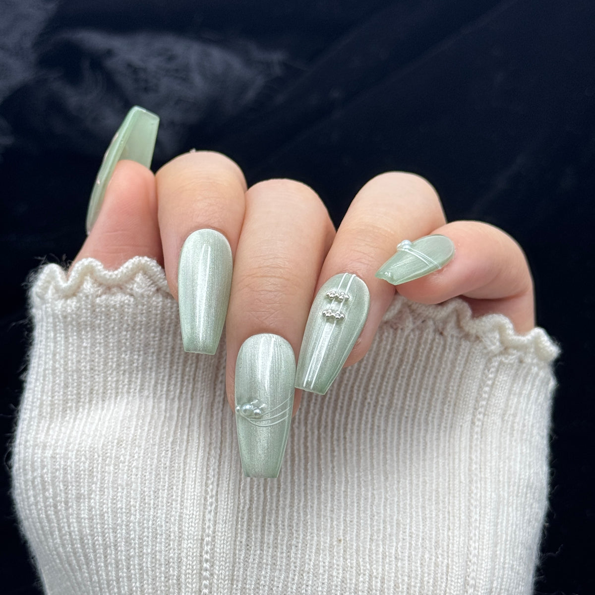 Sage Blossom Pearl Coffin Press On Nails