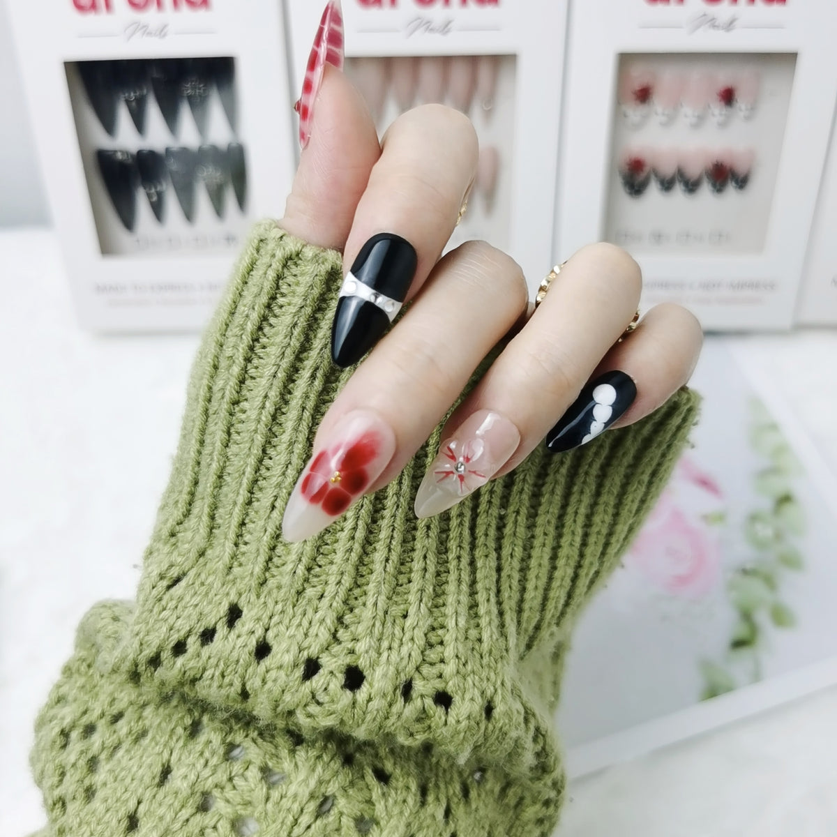 Crimson Bloom Long Almond Press On Nails