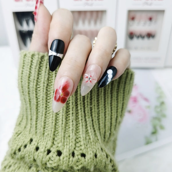 Crimson Bloom Long Almond Press On Nails