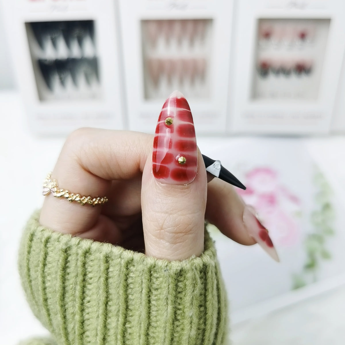 Crimson Bloom Long Almond Press On Nails