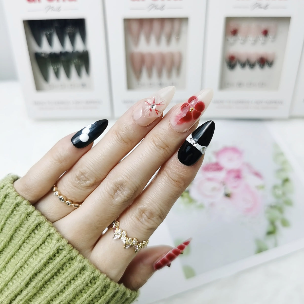Crimson Bloom Long Almond Press On Nails