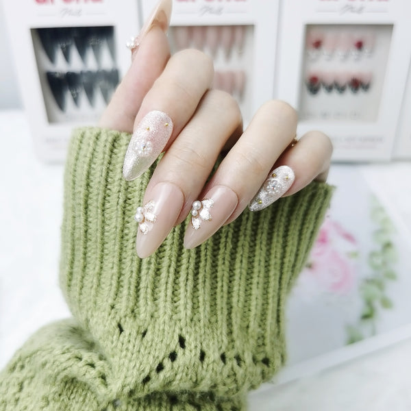 Golden Pearl Bloom Almond Press On Nails
