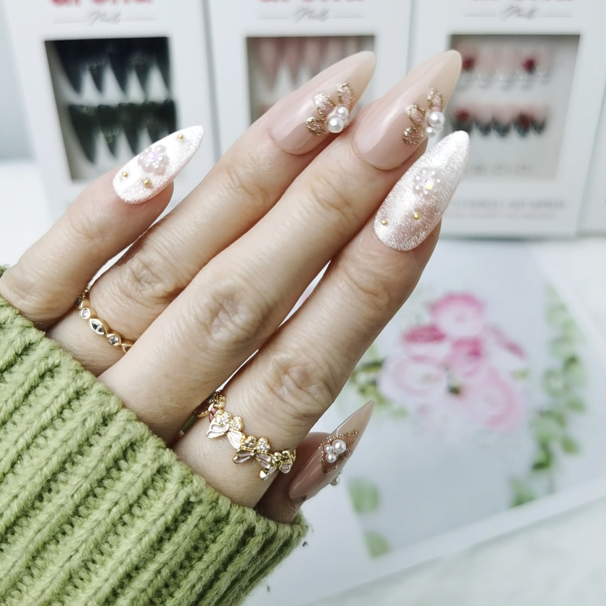 Golden Pearl Bloom Almond Press On Nails
