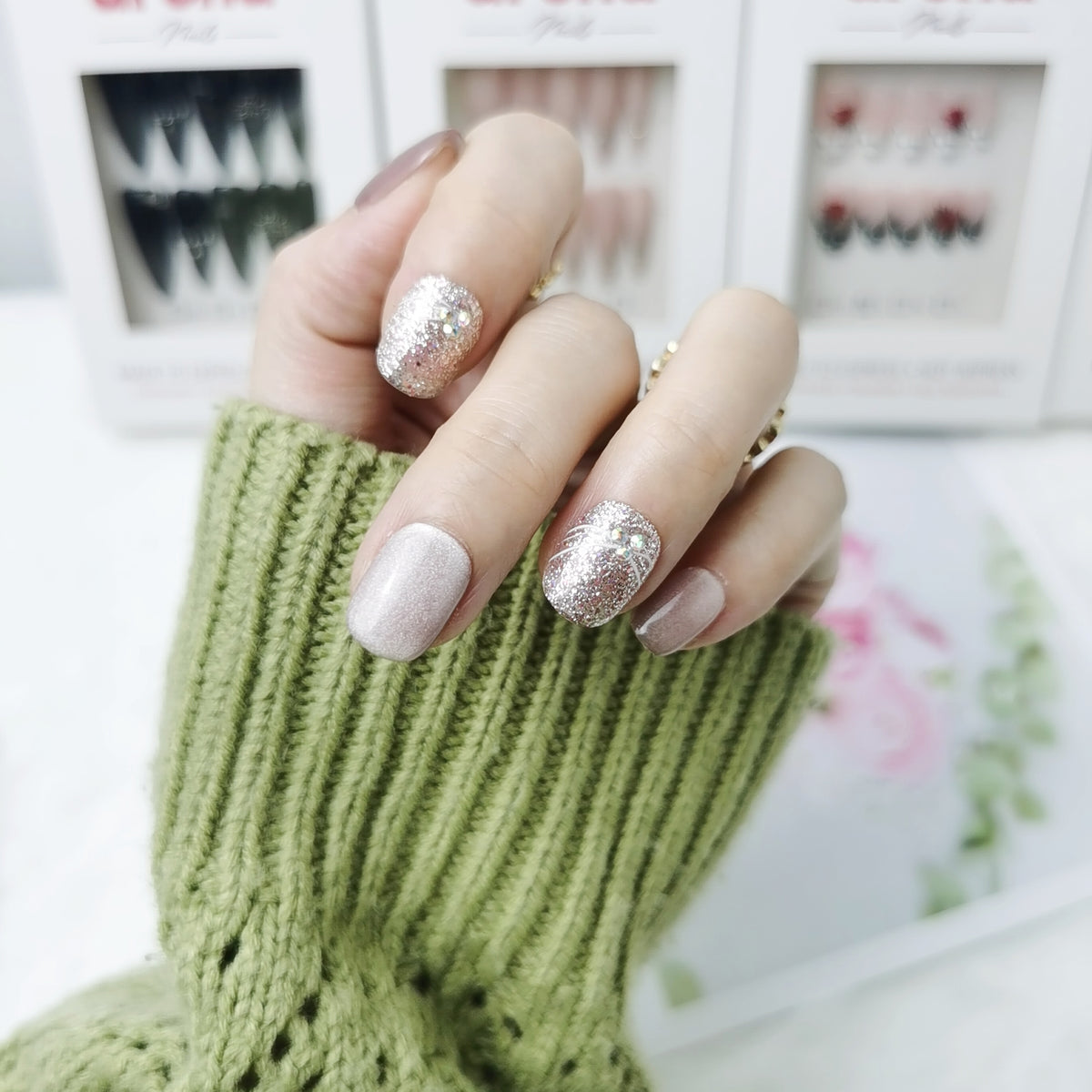 Champagne Cat Eye Glitter Squoval Press On Nails