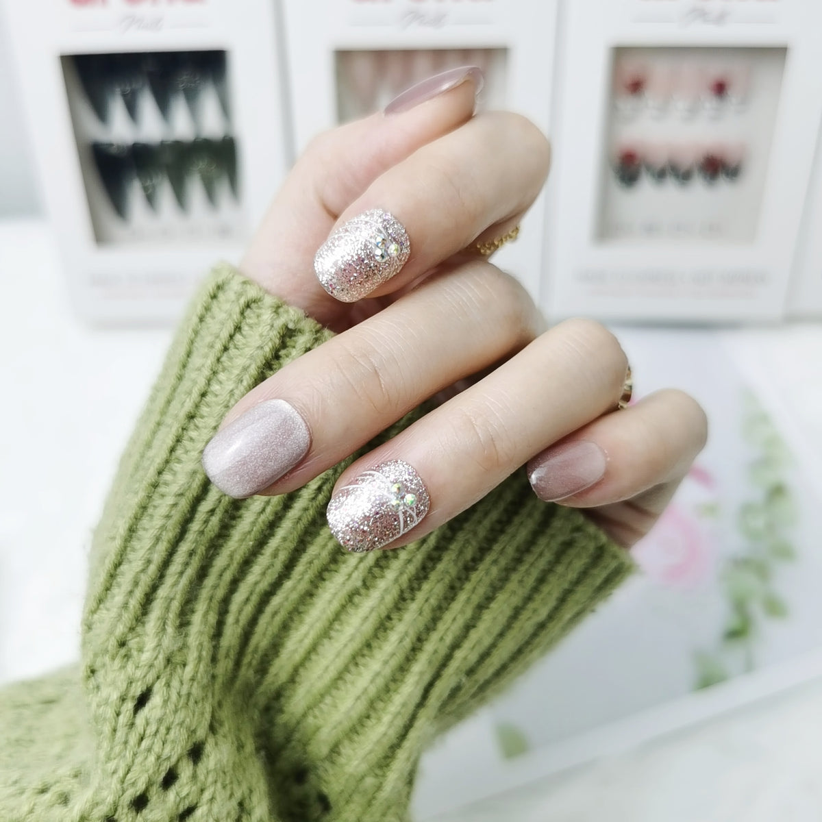 Champagne Cat Eye Glitter Squoval Press On Nails