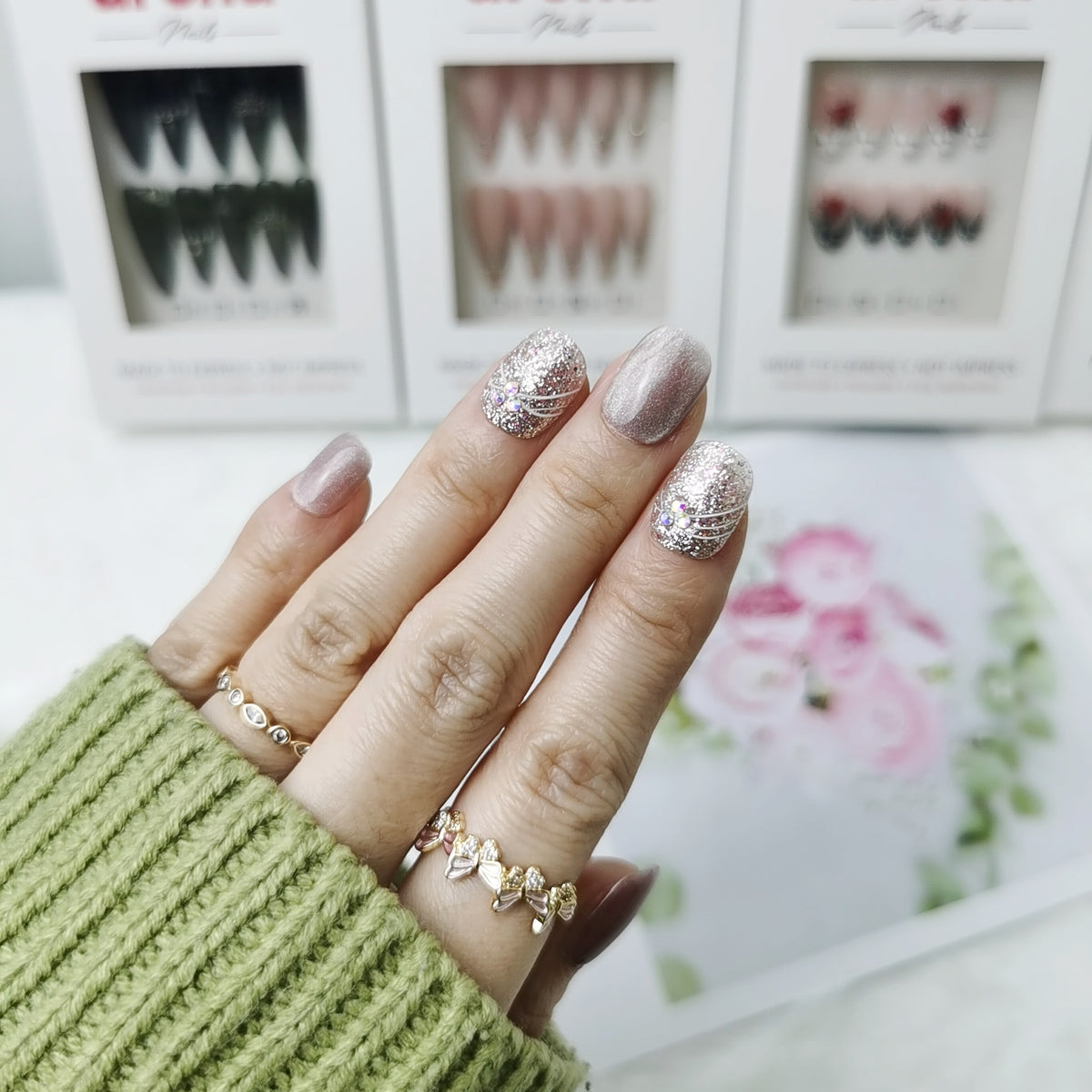 Champagne Cat Eye Glitter Squoval Press On Nails