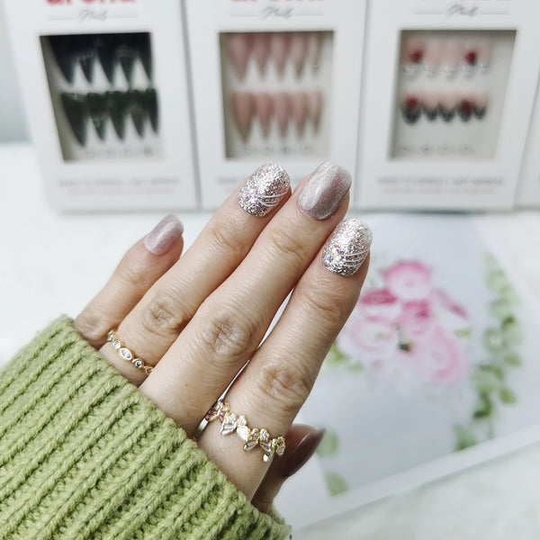Champagne Cat Eye Glitter Squoval Press On Nails